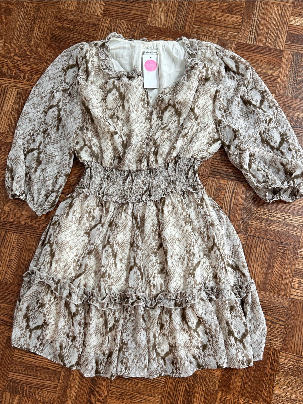 Newbury Kustom Snake-Print Smocked Dress in Cream and Taupe